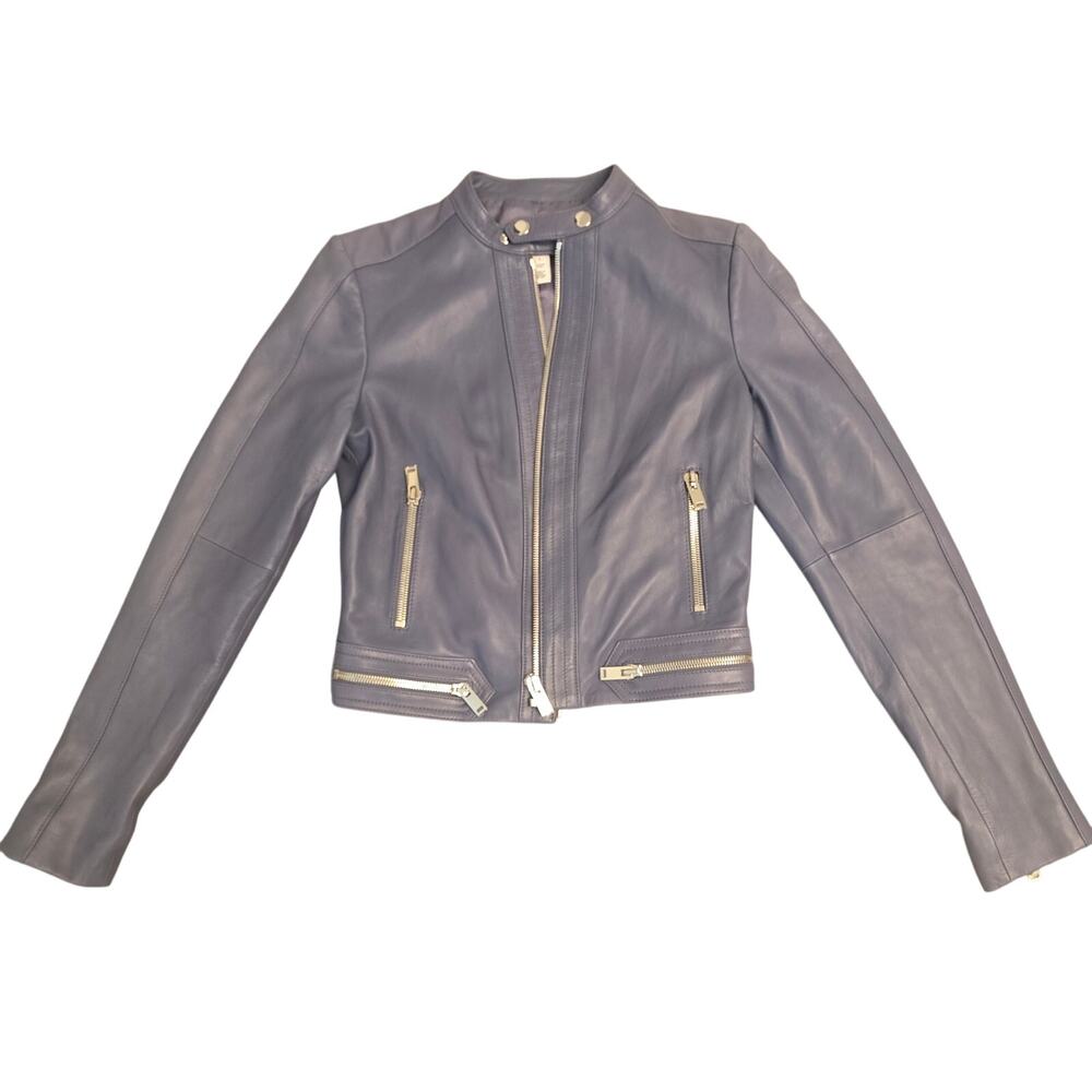 LEWIT Leather MOTO BIKER TAILORED CROP Jacket Grey Lavender GRISAILLE Small